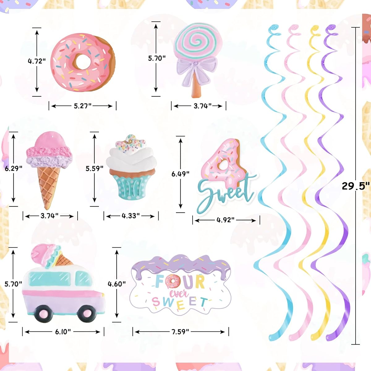 Four Ever Sweet Ice Cream Birthday Party Decorations, 20pcs Ice Cream Party Hanging Swirl Decorations for Kids Ice Cream 4th Birthday Party Girls Donuts 4th Birthday Party Ceiling Hanging Streamers