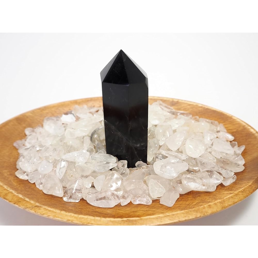 RELIGHT Natural Stone Morion Point Crystal Sazare Himalayan Wood Tray 3 Piece Set Power Stone Purification (Morion)