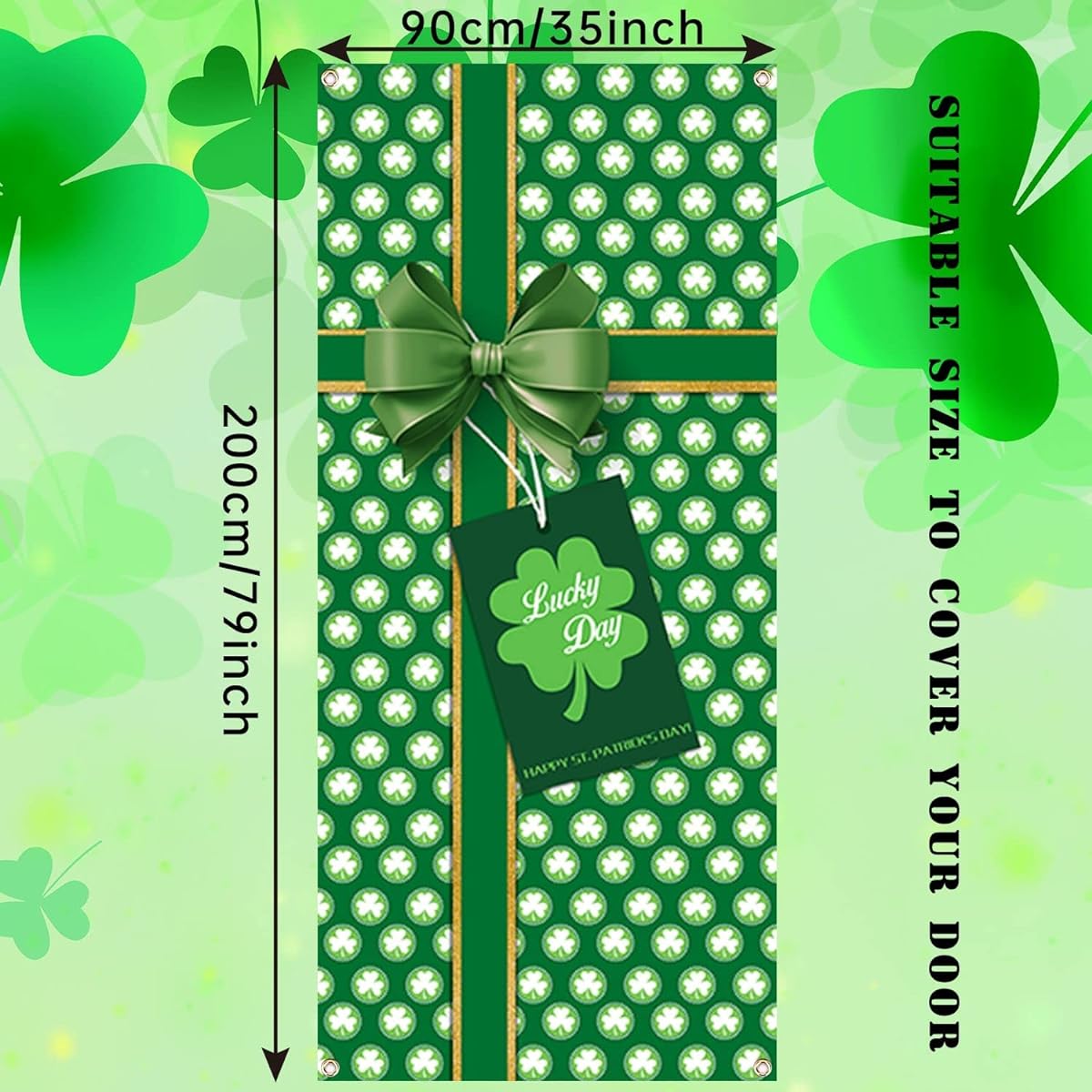 Happy ST Patrick's Day Door Cover Decor Lucky Shamrock St. Patrick's Day Gift Box Photo Backdrop Holiday Party Sign for Home Wall Front Door