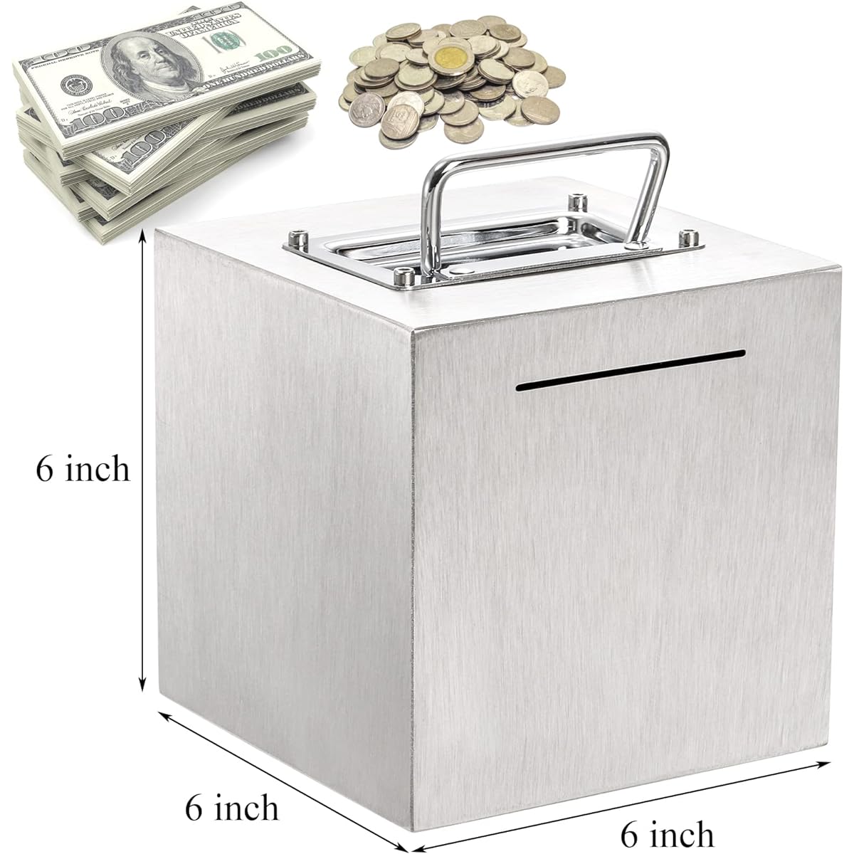 Jucoan Piggy Bank for Adults 6" Cube Stainless Steel Money Saver Piggy Bank Cash Savings Vacation Wedding Reusable Metal Money Box for Adults and Kids