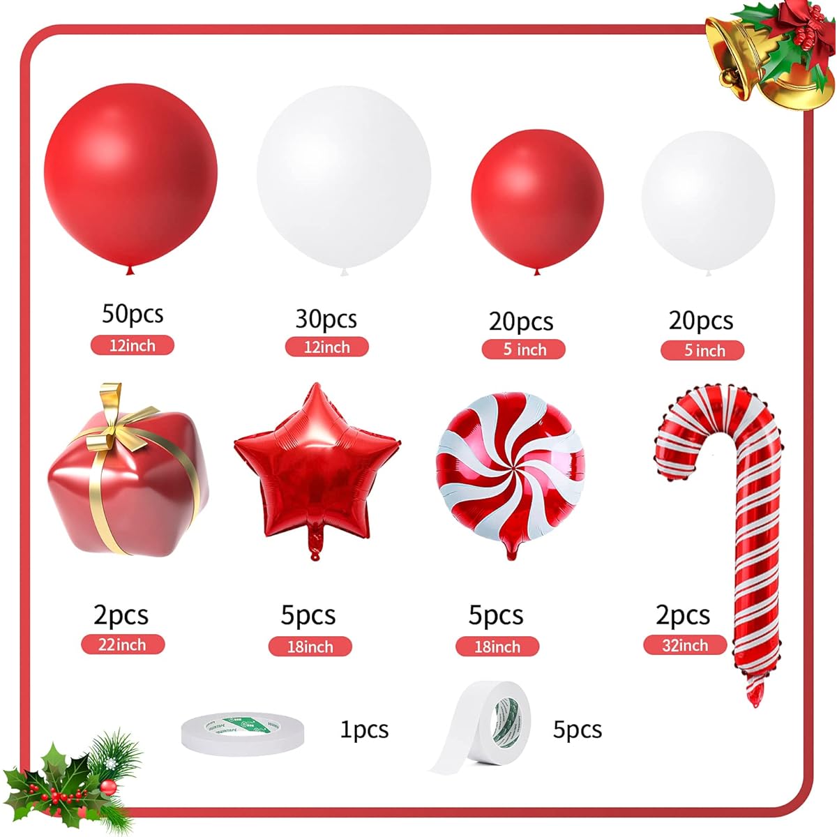 AJOYEGG Christmas Balloons Garland Arch Kit 134pcs Matte Red White Balloons Candy Cane Foil Balloons Gift Box Balloons Red Star Balloons Merry Christmas Party Decoration Supplies