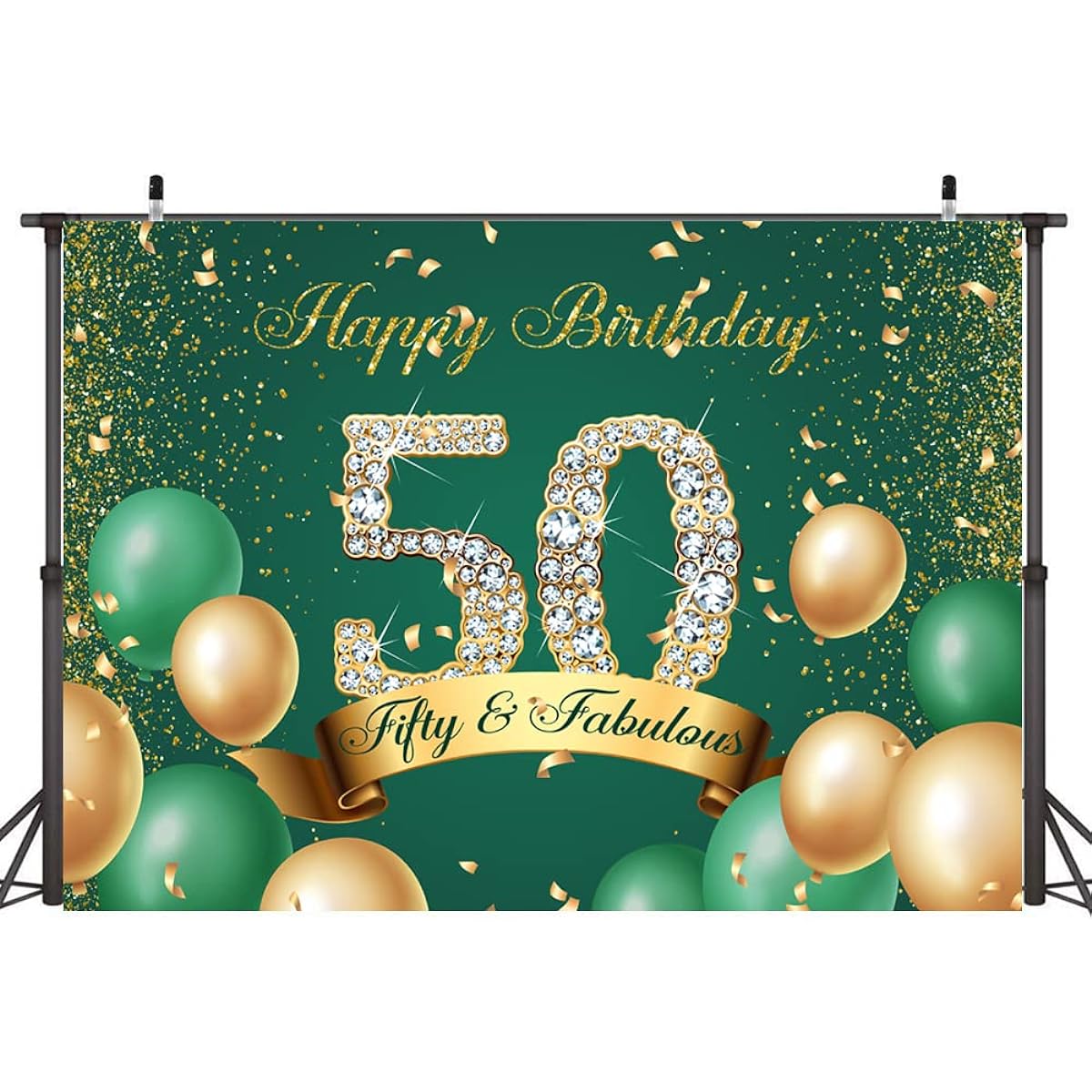 Ticuenicoa 7x5ft Green Happy 50th Birthday Backdrop Glitter Army Green Gold Dots 50th Birthday Party Banner Wall Decor Gold Green Balloons Happy Fifty Birthday Background