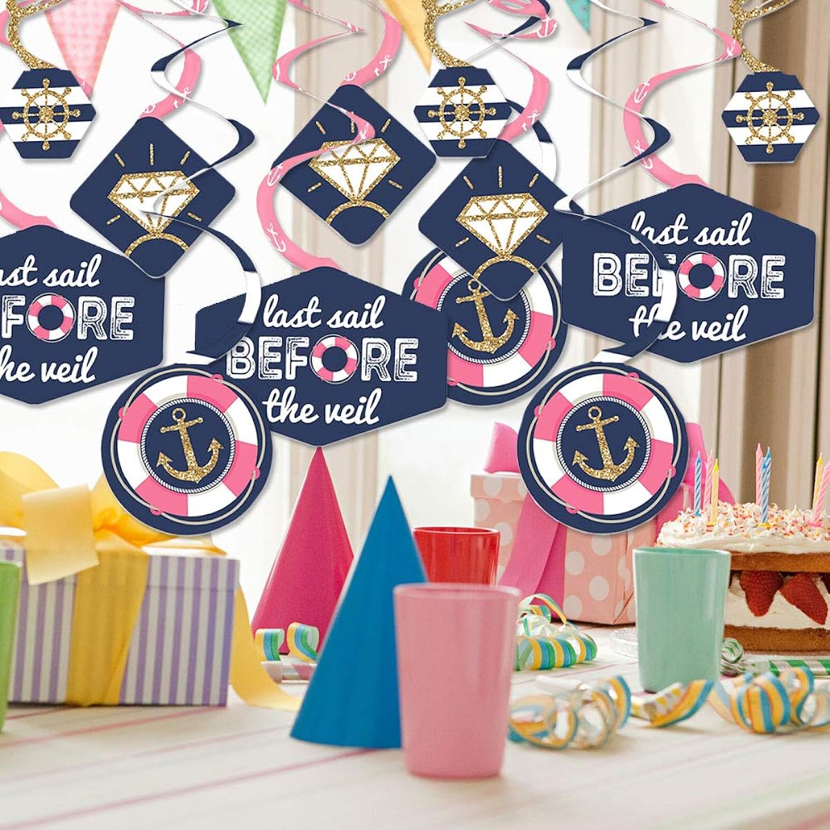 Big Dot of Happiness Last Sail Before the Veil - Nautical Bachelorette and Bridal Shower Hanging Decorations - Party Decorations Swirls - Set of 40