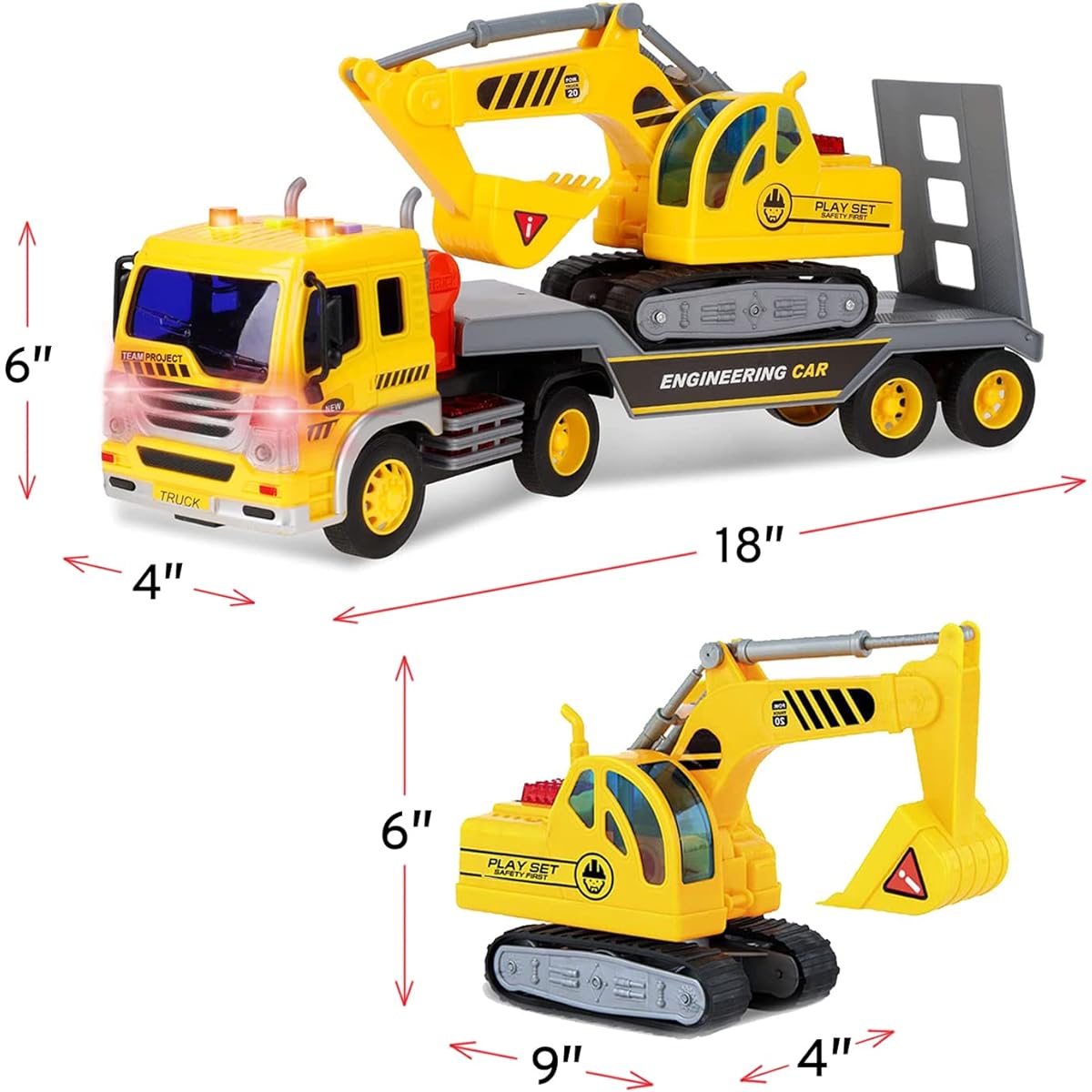 TOYTHRILL Tow Truck with Excavator for Boys Ages 2+ Construction Truck Toys Semi Truck with Excavator with Lights and Sounds Flatbed Truck Toy Push & Go Construction Vehicle for Kids