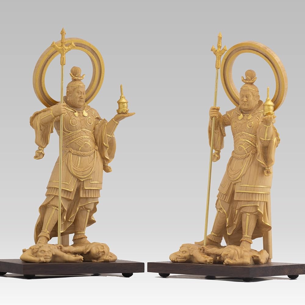 Tiny Buddha Bishamonten - 11.5cm Ganjojuin type (Wooden: Boxwood, gold clay finish)_Tamonten Buddha statue, figure, wood carving, ornament (GSB Bishamonten)
