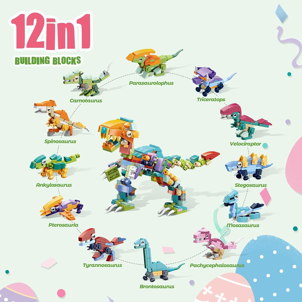 Iabedi 12 Pack Easter Eggs with Toys Dinosaur Building Blocks Plastic Easter Eggs Gifts for Boys Kids Classroom Toys for Boys Ages 3+