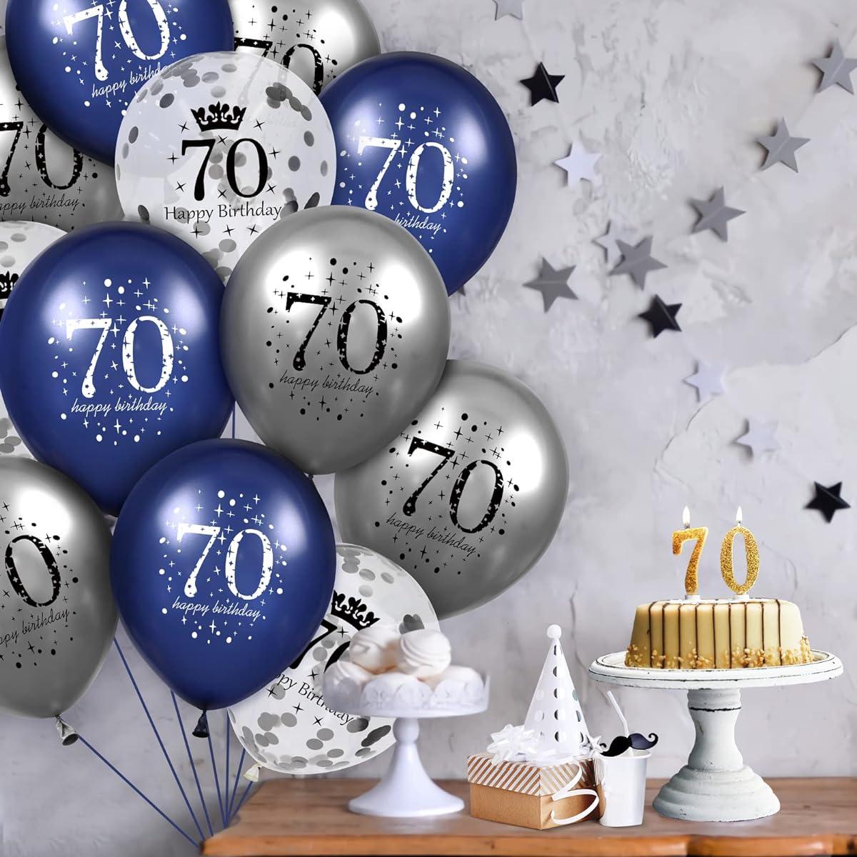 70th Birthday Balloon Decorations, Navy Blue Silver Latex Inflatable Clear Confetti Birthday Balloons for Men Women 70th Anniversary Happy Birthday Party Decorations Indoor Outdoor Supplies