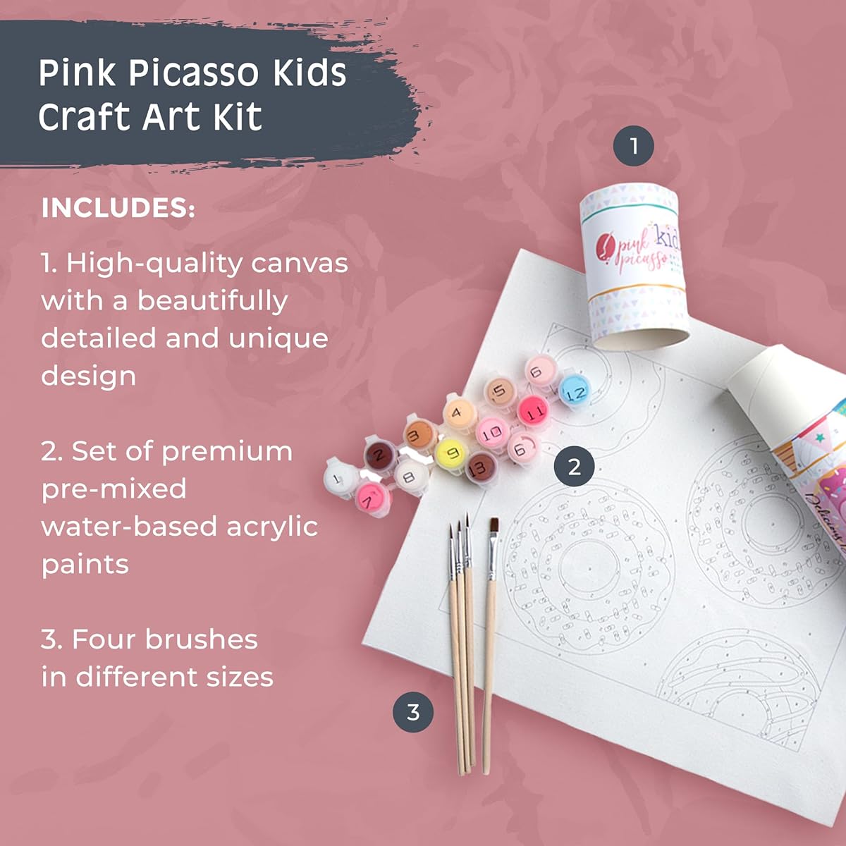 Pink Picasso Kit Paint by Numbers for Kids Ages 8-12 | DIY Beginner Kids Craft Kit Acrylic Paint Canvas Painting Art Kit & Wall Decor as Seen on Shark Tank | (Tasty Donuts) 8x10 Paint Kit Set
