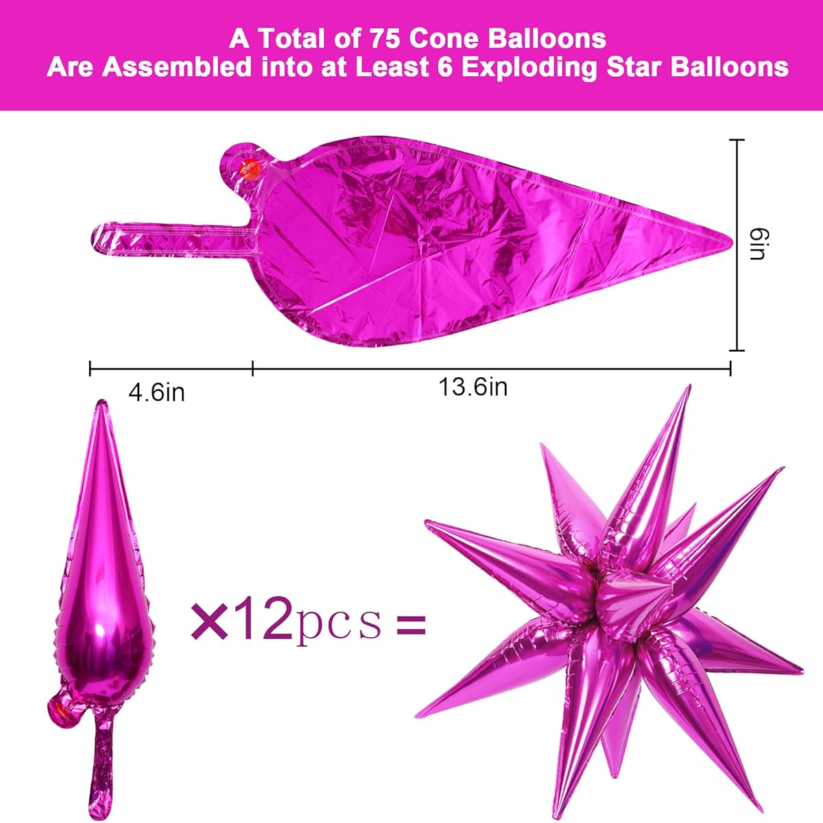 NOVWANG 75pcs Exploding Star Foil Balloons 12 Points Hot Pink Starburst Cone Mylar Balloons Party Supplies for Christmas Birthday Wedding Baby Shower Photo Booth