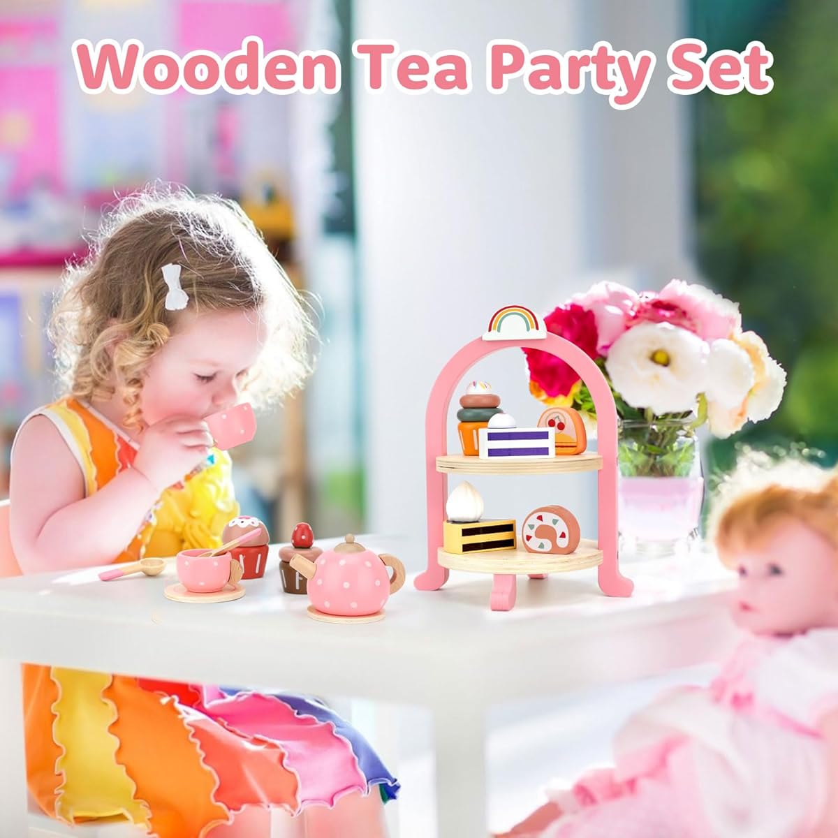 Heaning Tea Party Set Girls Toys - Wooden Tea Set for Little Girls Kids Toddlers Pretend Play Kitchen Toy Set Christmas Birthday Gifts Toys for Girls Age 2 3 4 Toddlers