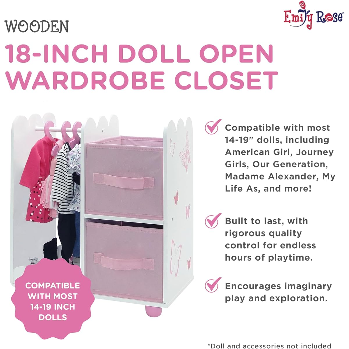 18 Inch Doll Furniture | Beautiful Pink and White Open Wardrobe Closet with Butterfly Detail Comes with 5 Doll Clothes