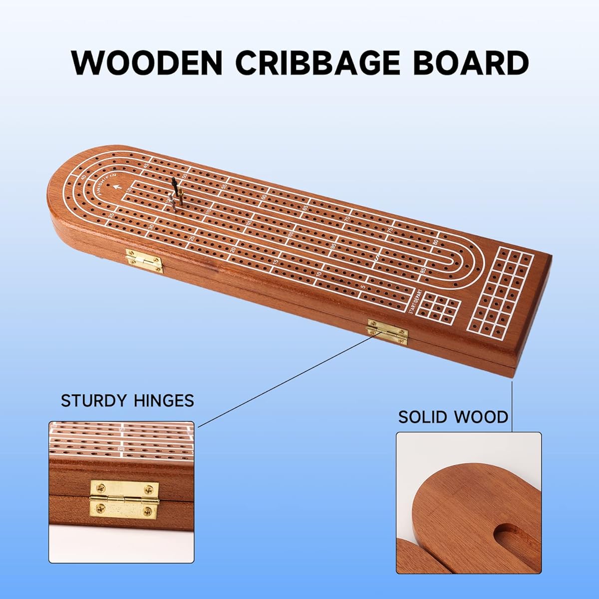 GSE 3 Track Wooden Cribbage Board Game with Playing Cards, Metal Pegs and Storage Area Classic 3 Player Cribbage Board Game for Kids Adults Family Game