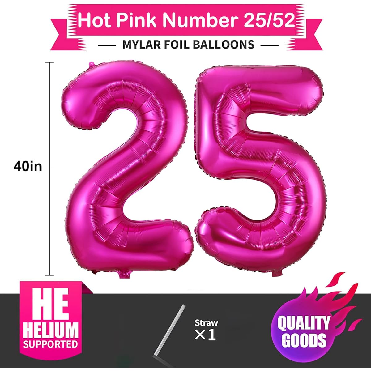 Hot Pink Number Balloons 40" Dark Pink Birthday Mylar Digital Balloons (Hot Pink Number 25)