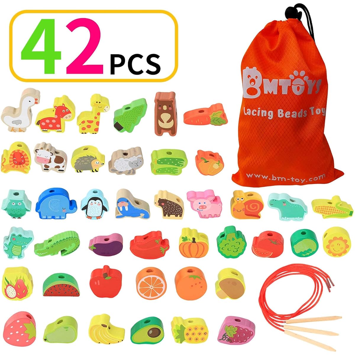 BMTOYS Montessori Educational Threading Toys Wooden String Farm Animals Fruits Lace Beads Preschool Toys for Toddlers 3 4 5 Years Old Boys Girls