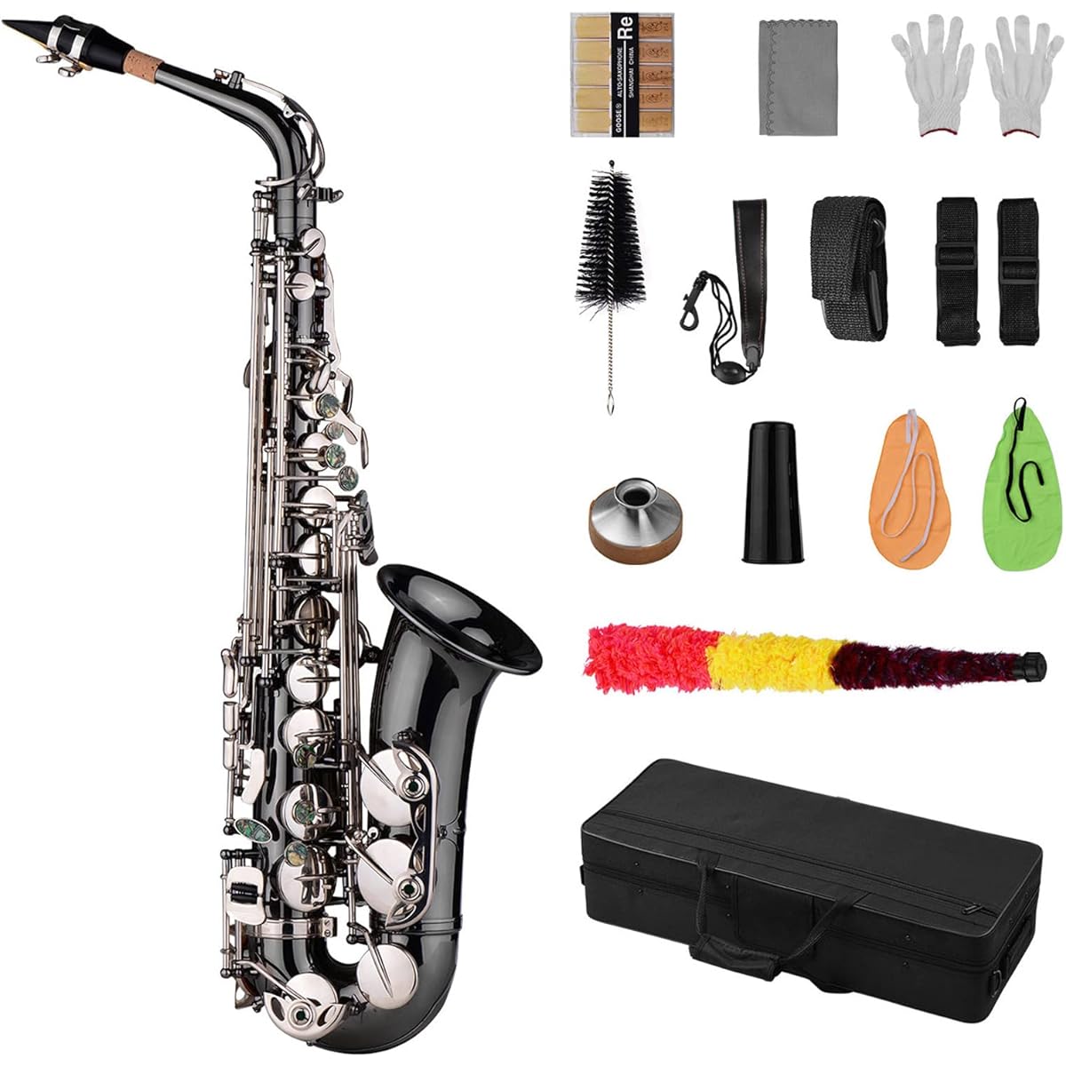 Btuty Alto Saxophone Brass Bend Eb E-Flat Black Nickel Plated Abalone Shell Key Carrying Case with Glove Cleaning Cloth Strap Grease Brush
