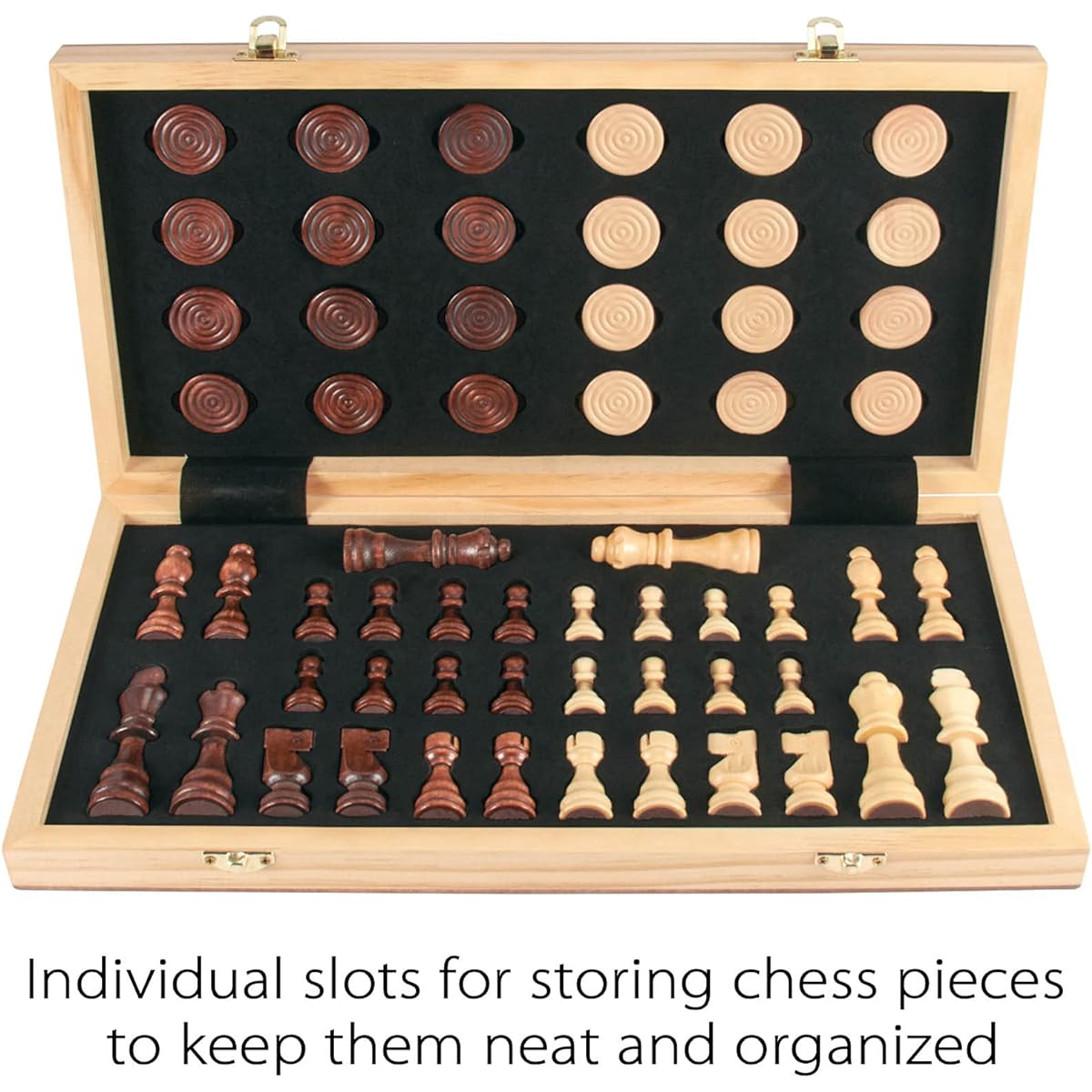 AMEROUS 15" Wooden Chess & Checkers Set, 2 in 1 Board Game, 2 Extra Queens, Foldable Board, 24 Pieces, Gift Boxed, Chessman Storage Slot, Beginner Chess Set for Kids and Adults