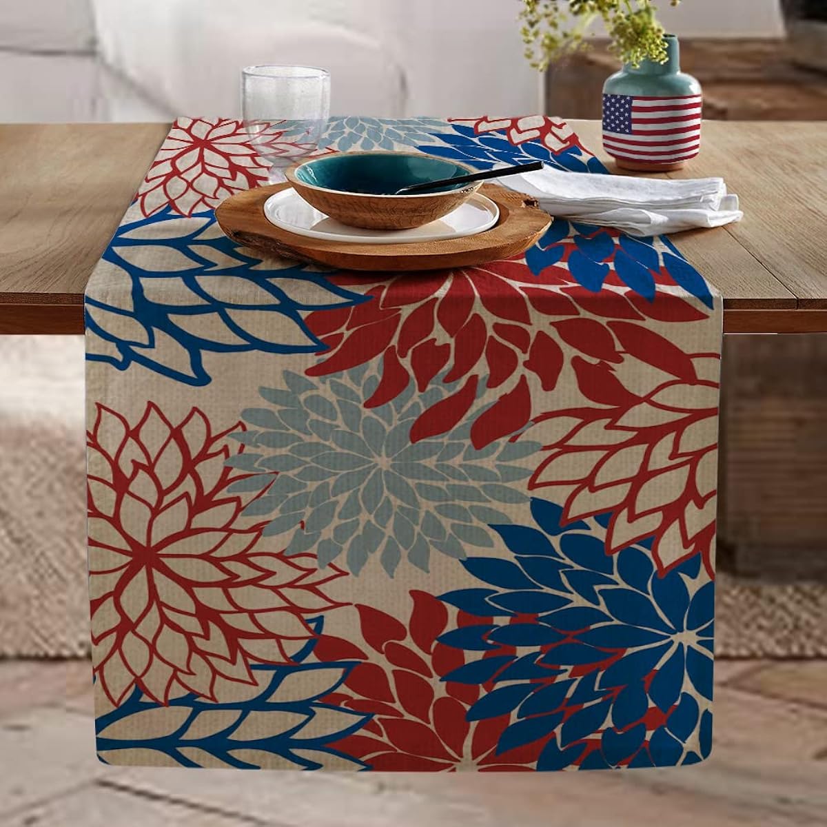 4th of July Decoration Table Runner 13x72 Inch Memorial Day American Patriotic Flowers USA Freedom Independence Day Decor AT216