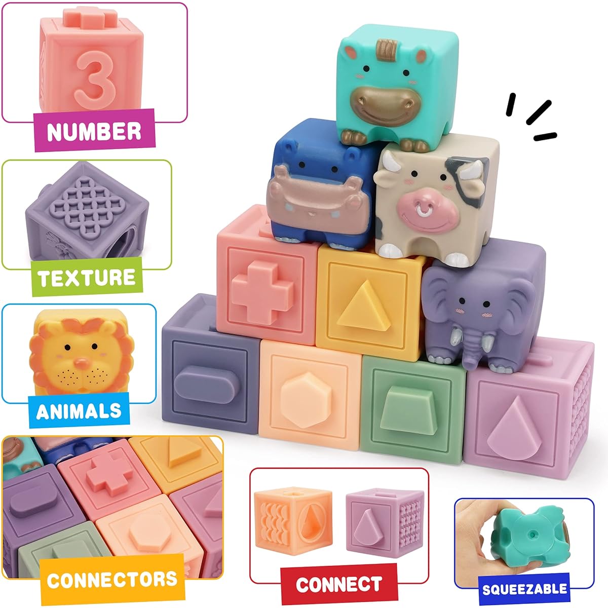 QLOTS Baby Blocks Baby Toys, 12pcs Soft Stacking Building Blocks Toddler Bath Toys for 12 Months 1 Year 2 Years Boys & Girls Gifts, Safe Teething Squishy Sensory Toy with Suction Cup Storage Bag