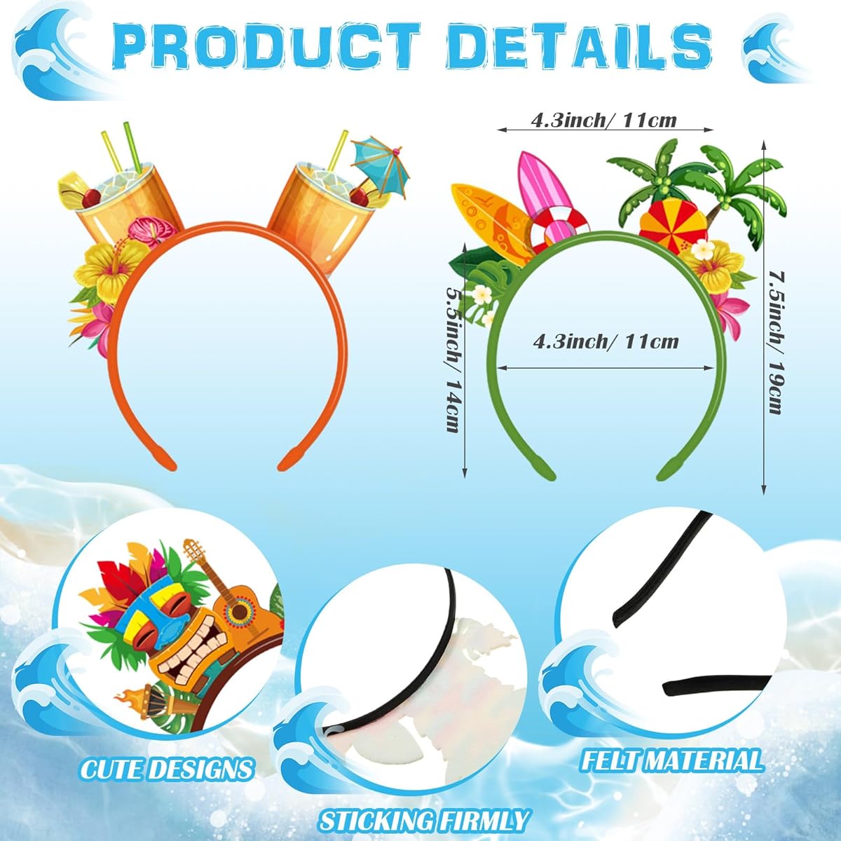 Capoda 16 Pieces Hawaiian Party Headbands Felt Luau Party Headboppers Flamingo Pineapple Palm Tree Tiki Aloha Boppers Hawaiian Party Favors Tropical Party Accessories Summer Beach Party Supplies