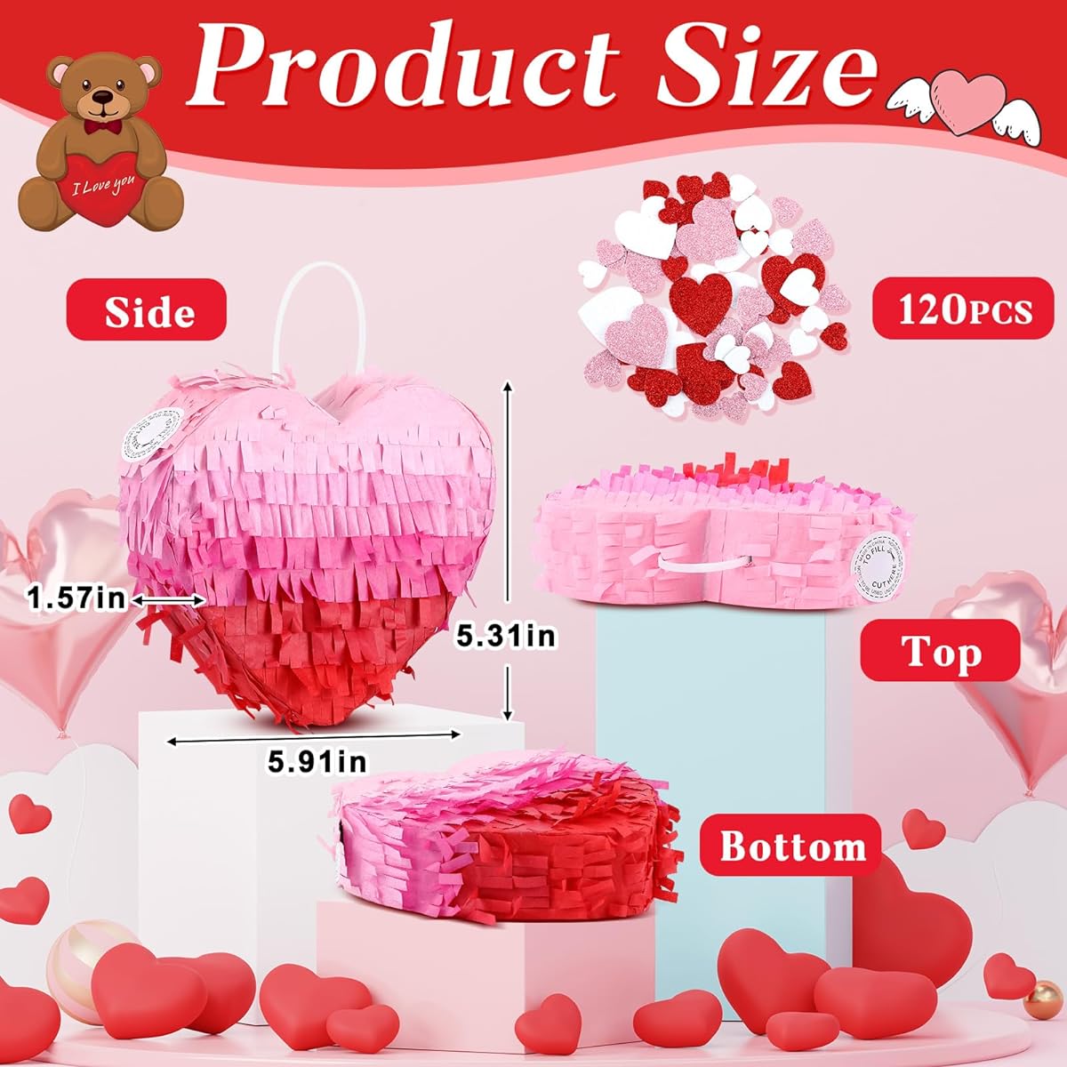 MiniInflat Valentine Mini Pinata, Heart Shaped Pinata for Valentine Decorations DIY Crafts, 120pcs Assorted Heart Stickers for Valentine's Day, Anniversary, Party Supplies, 5.91 x 5.31 Inch