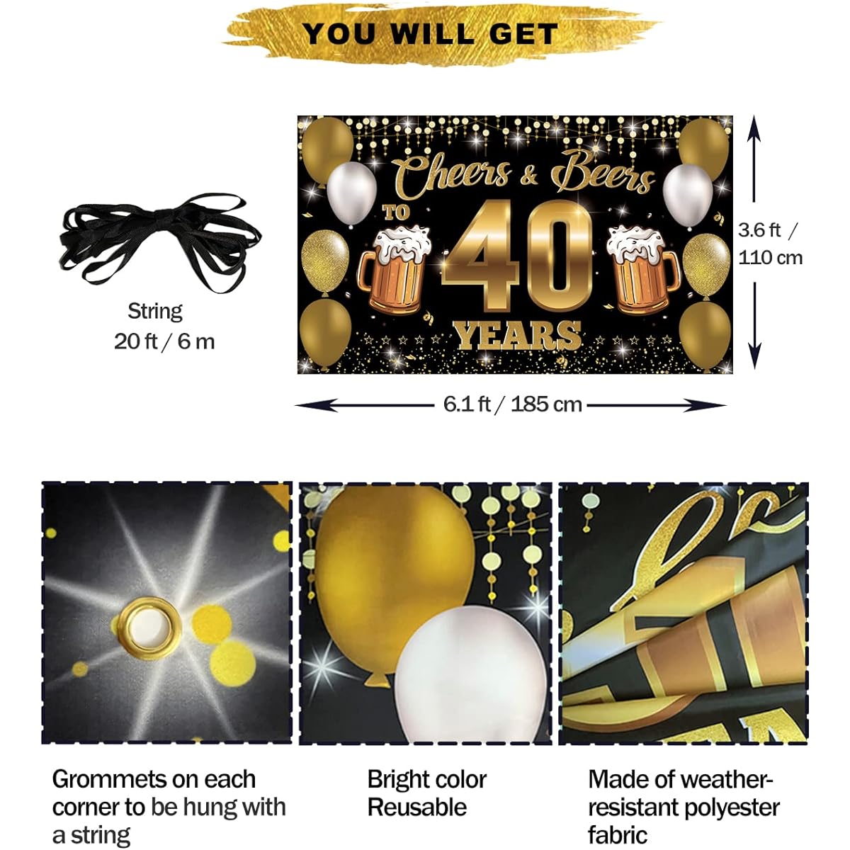 HTDZZI Cheers to 40 Years Backdrop Banner 40th Birthday Decorations for Men and Women 40th Anniversary Black Gold 40th Birthday Party Sign Poster Reunion Decorations