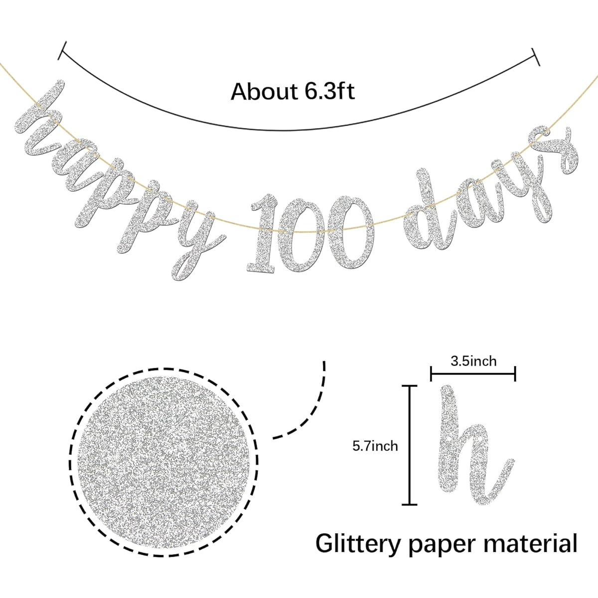 Glitter Silver Happy 100 Day Banner - Baby 100 Day Birthday Banner Welcome Baby Shower - 100 Day Party Decorations