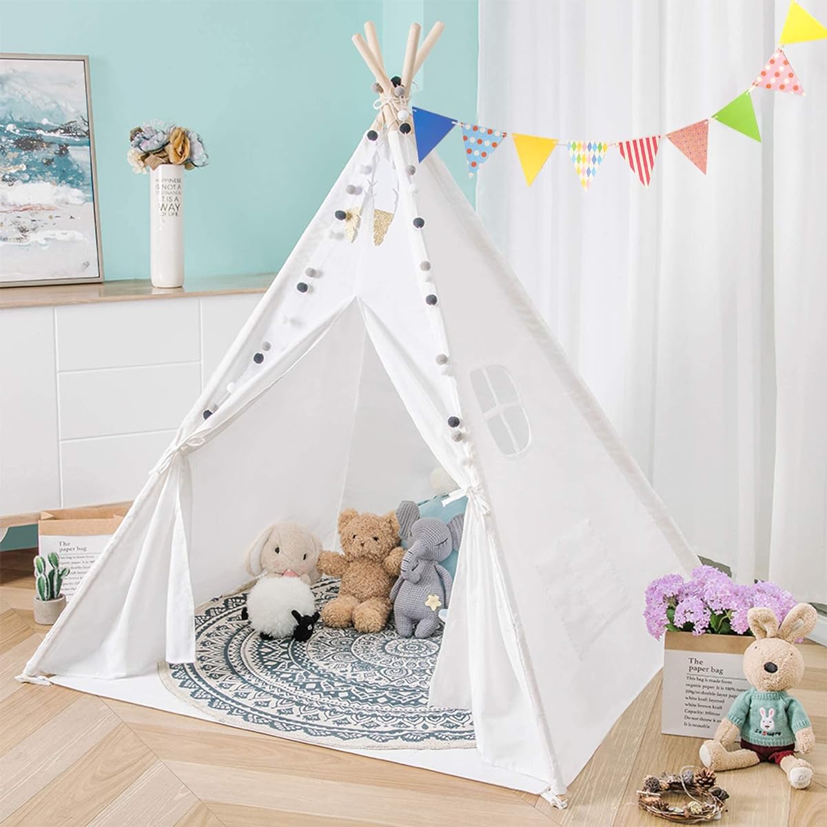 Sisticker Teepee Tent for Kids with Floor Mat+Feathers+Bunting+Carrying Bag, Kids Gifts for Girls and Boys, Large Foldable Playhouse for Indoor Outdoor (White)