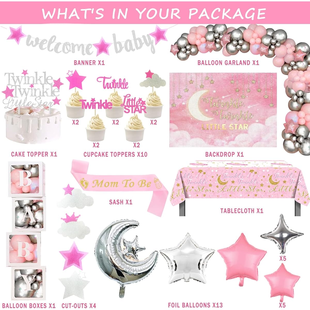 154 Pieces Twinkle Twinkle Little Star Baby Shower Decorations by Hombae Pink Little Star Baby Shower Decorations Backdrop Balloon Garland Banner Tablecloth Cake Cupcake Toppers Box Cutouts Pink Silver