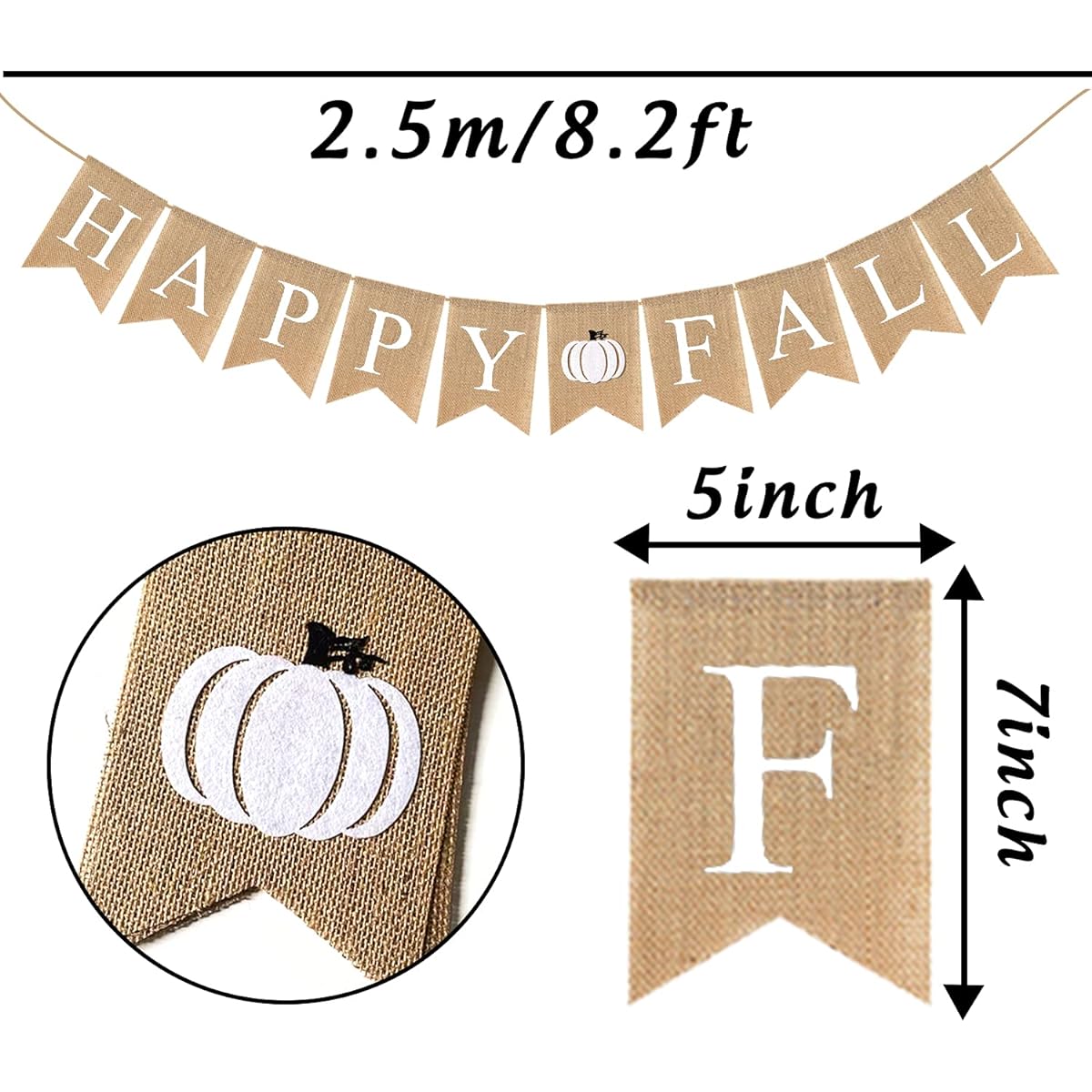 Adurself Happy Fall Burlap Banner White Jute Burlap Pumpkin Garland Harvest Hearth Fireplace Wall Hanging for Home Office School Party Decor Thanksgiving Decorations
