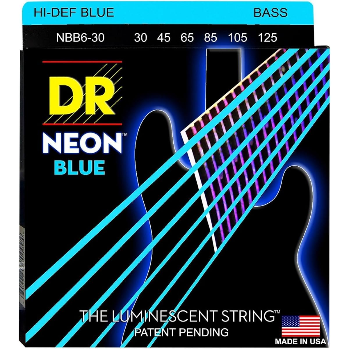 DR Strings Hi-Def NEON Blue Coated 6-String Bass Strings Medium (30-125)
