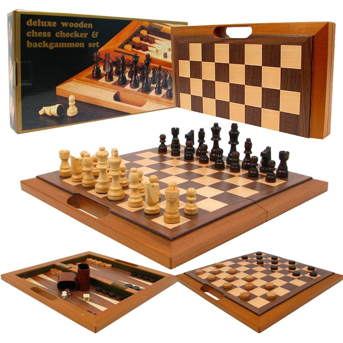 Folding Wood 3-in-1 Combo Chess, Checker & Backgammon Set - Includes Bonus Dice