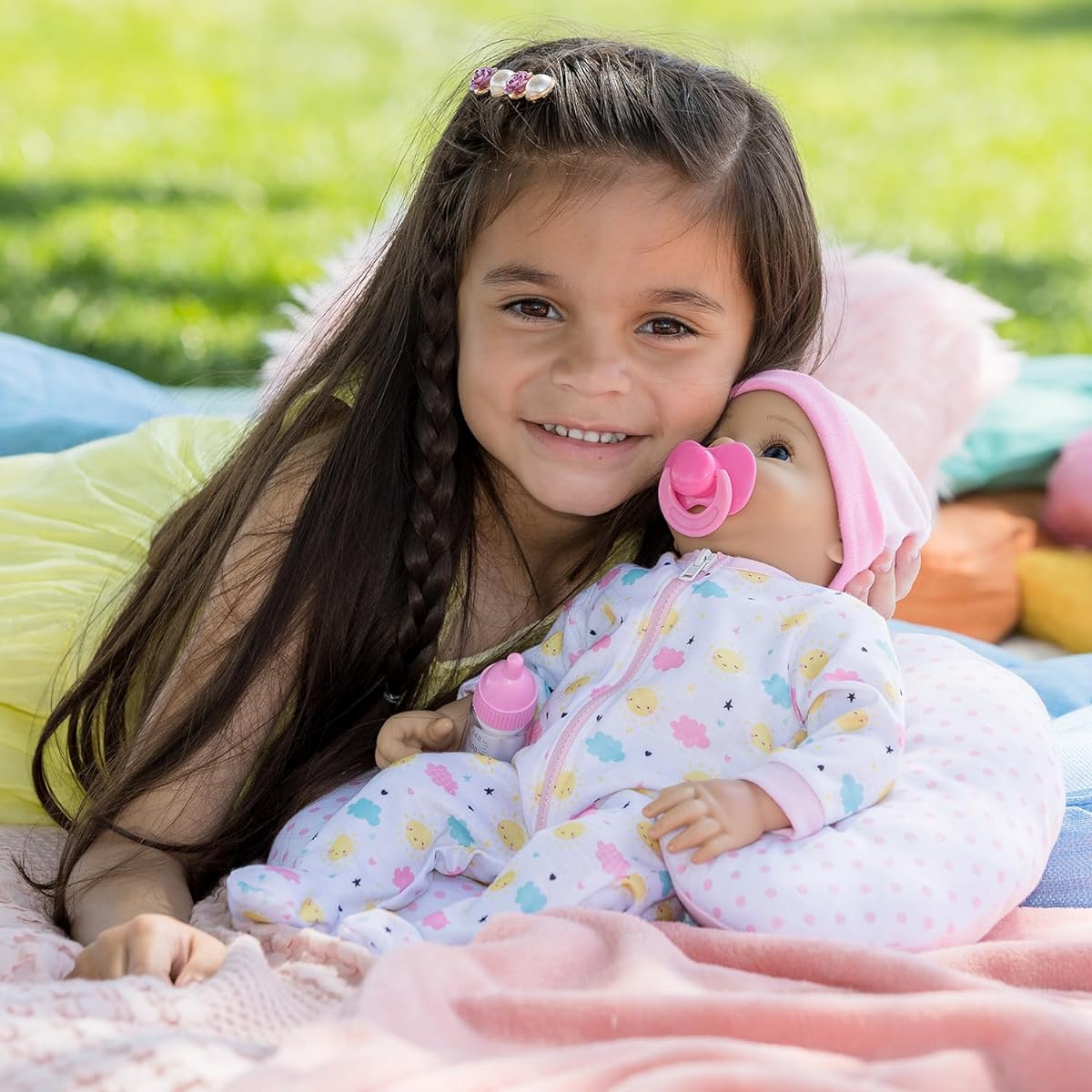 ADORA Sunshine 14 Inch Realistic Doll Nursing Pillow Set, Sun Printed Onesie, Beanie, Pacifier, Nursing Pillow, Diaper, Milk Bottle, Birthday Gift, For Ages 3+
