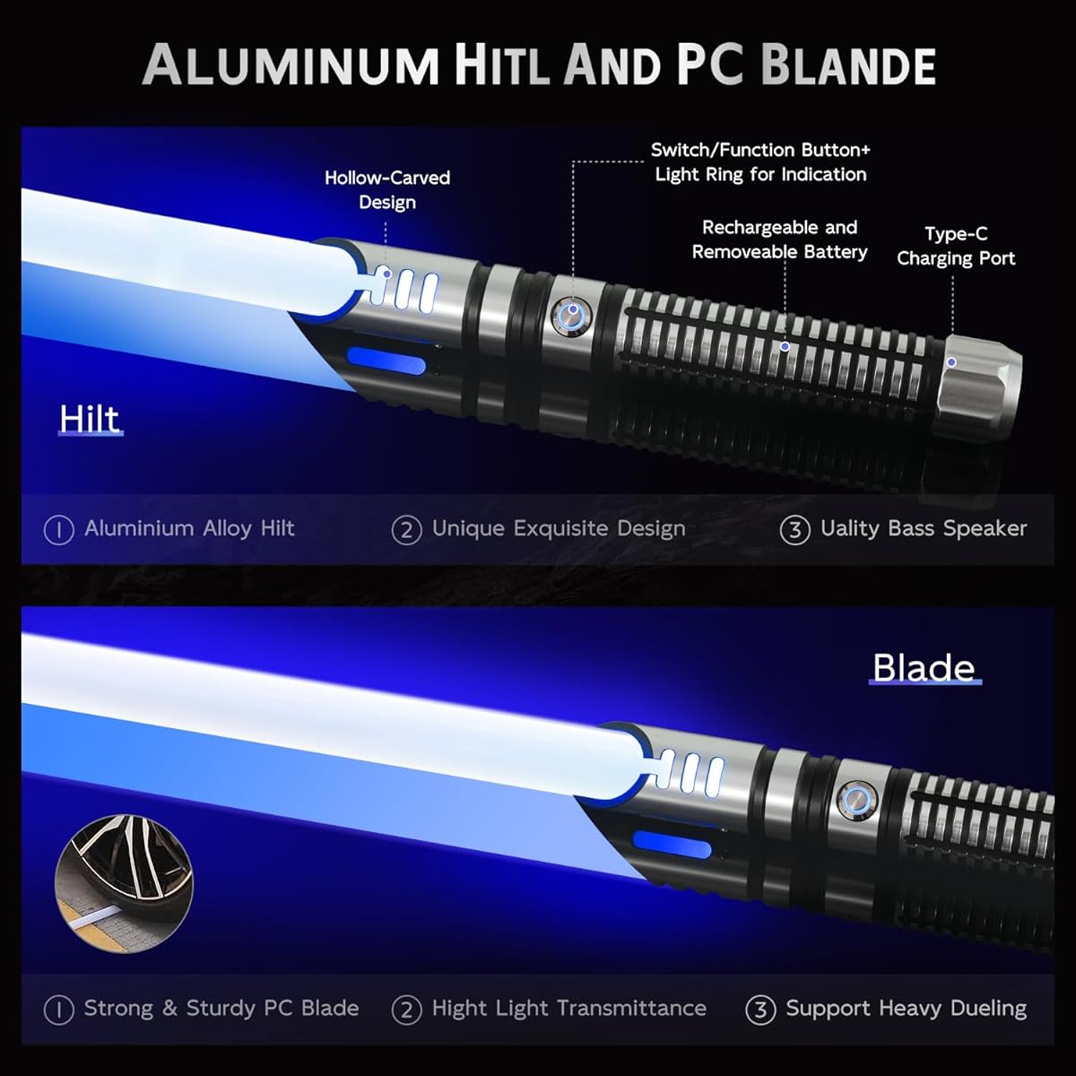 DUPENGDA Dueling Light Saber - Smooth Swing Lightsaber RGB 16 Color Changeable Saber with 10 Sound Fonts Metal Hilt for Boys Teens Adults Heavy Dueling