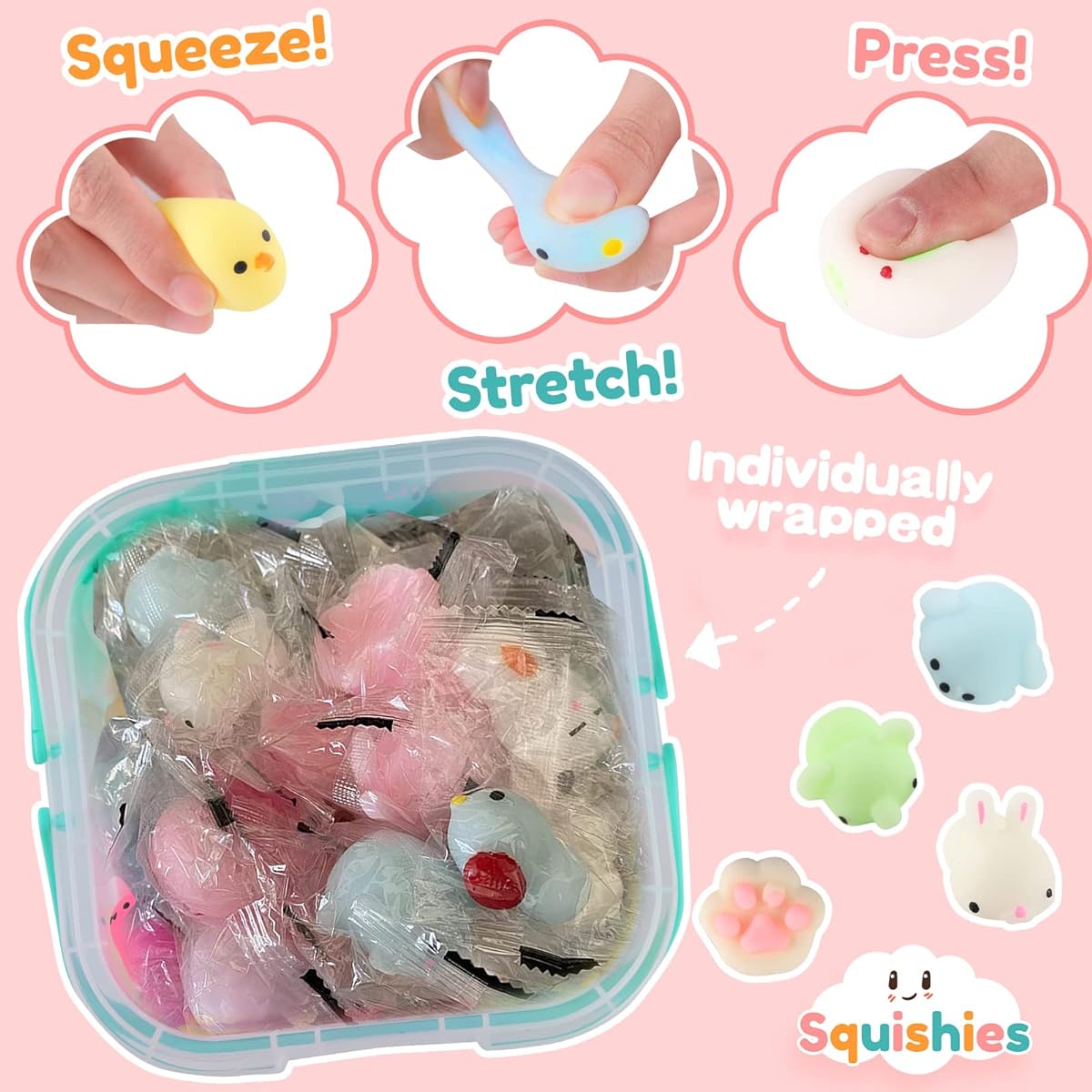 72pcs Squeegee Mochi Squeegee Toys - Cute Mini Squeegee Animals, Cute Stress Relief Squeegee Toys Pack for Boys & Girls, Cool Party Favors, Classroom Prizes, Birthday Gifts, Storage Box