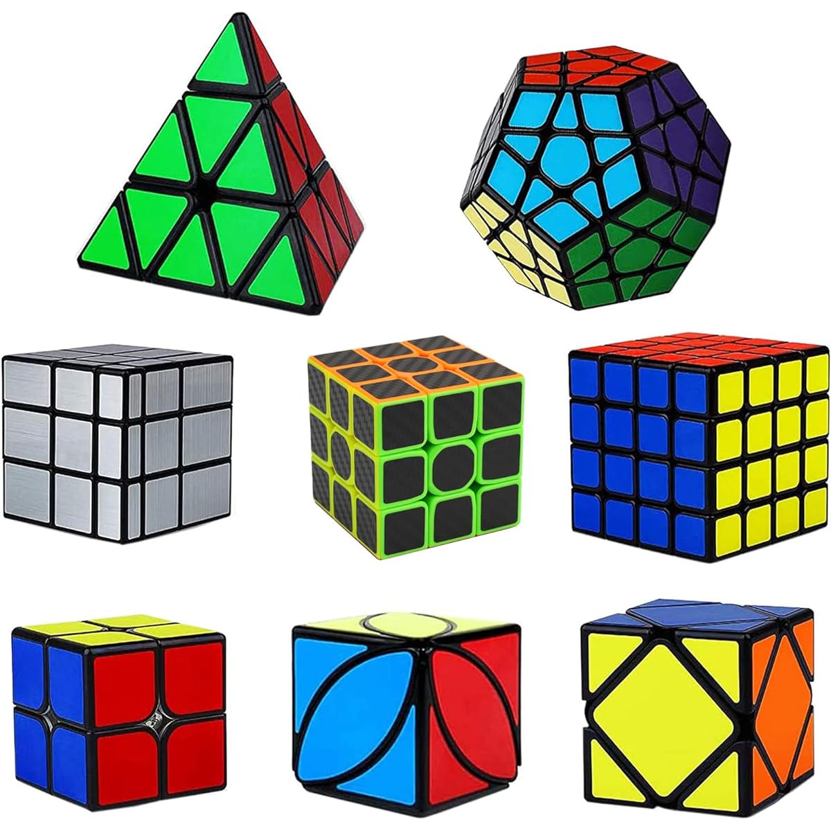 Ahyuan Speed Cube Set 8 in 1 Luxurious Qiyi Magic Cube Set 2x2x2x2 3x3x3 4x4 Cube Pyramid Triangle Cube Bundle Mirror Ski Ivy Mega Minx Cube Durable Sticker Cube Collection Puzzle