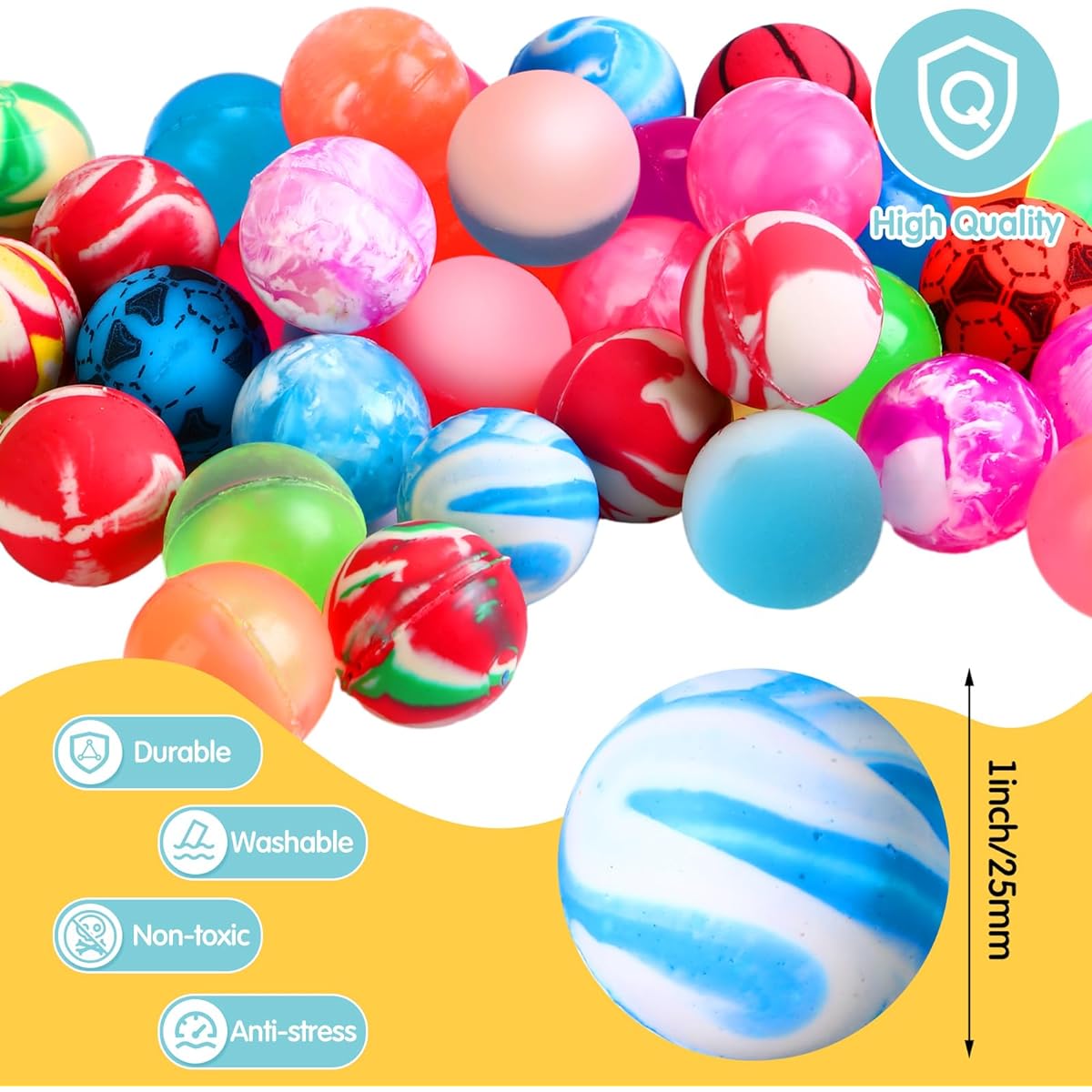 PullCrease 500 Pieces Bouncy Balls Bulk 25mm Colorful Bouncing Balls Mixed Pattern Small Rubber Balls Game Prizes Kids Party Favors for Vending Machine