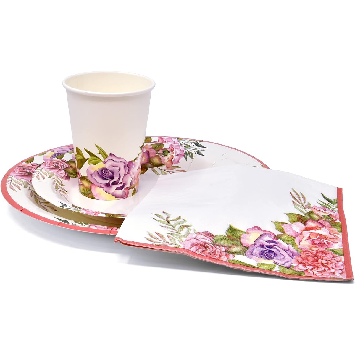 Floral Pink & Purple Flower Disposable Tableware Party Supplies Set 24 Pieces 9" Dinner Plates 7" Paper Plates 24 Pieces 9oz Cups 24 Pieces Lunch Napkins Girls Baby Shower Tea Birthday Mother's Day Spring Flower Decor