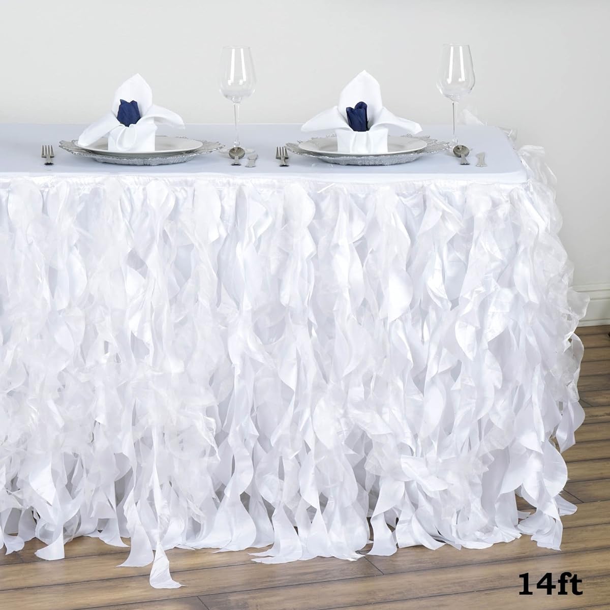 TableclothsFactory 14 ft Enchanting Curly Willow Taffeta Table Skirt - White