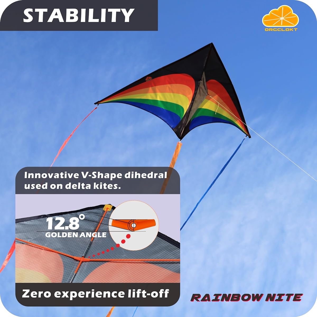 ORGCLDKT Rainbow Cruiser Delta Kite - Rainbow Knight, 57" x 31", easy to fly kite for kids, adults, girls, and boys. beach kite. Easy to install, stacking kit, functional and decorative tail.