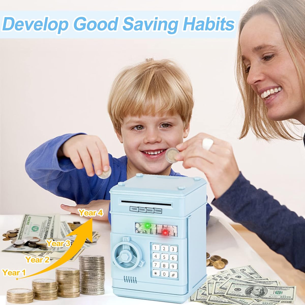 Highttoy Children's Electronic Piggy Bank, Piggy Bank with Code Piggy Bank Safe Toys for Children 3-12 Years Children's Gifts Piggy Bank ATM Safe Box for Children Light Blue