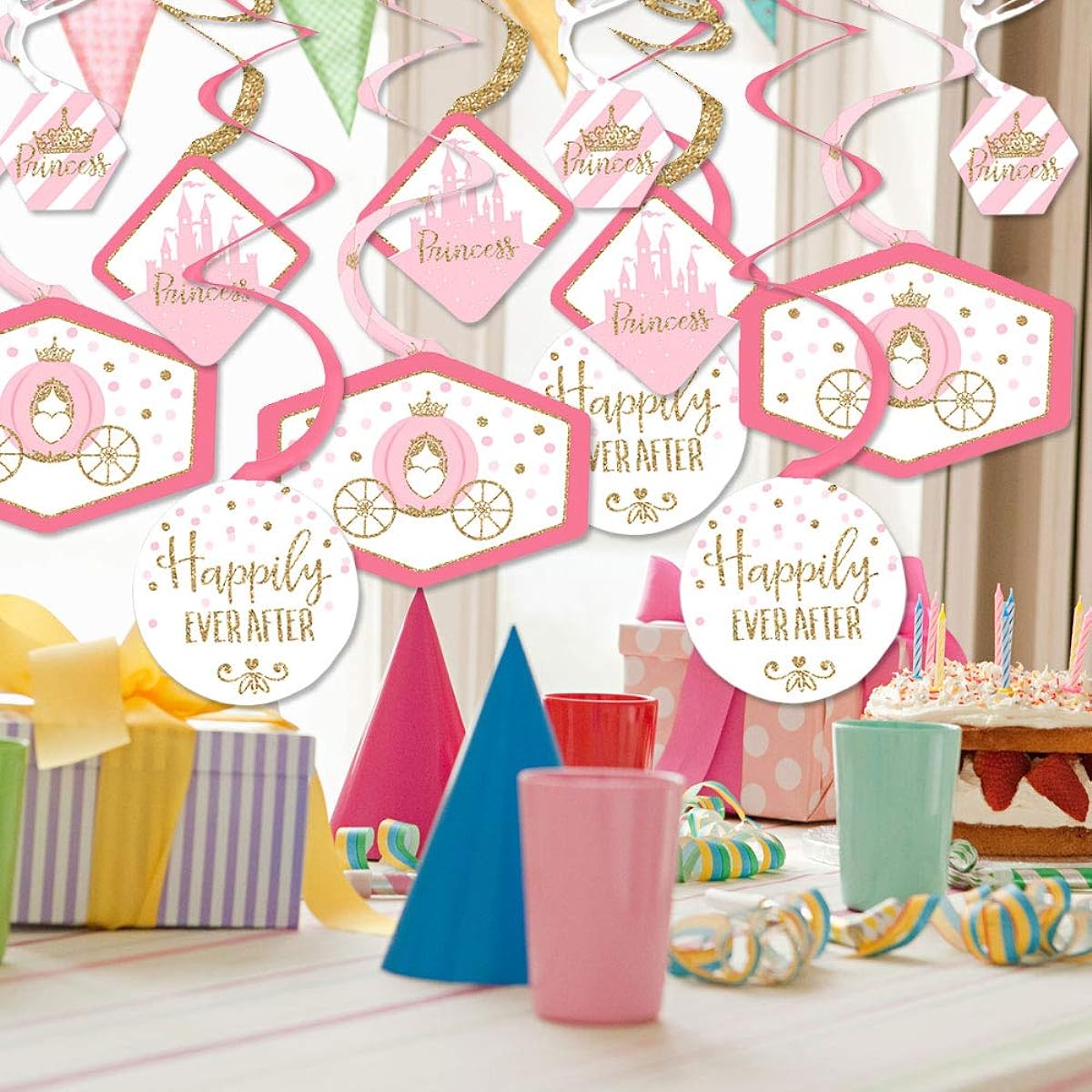 Little Princess Crown - Pink and Gold Princess Baby Shower or Birthday Party Hanging Decorations - Party Decoration Swirls - Set of 40