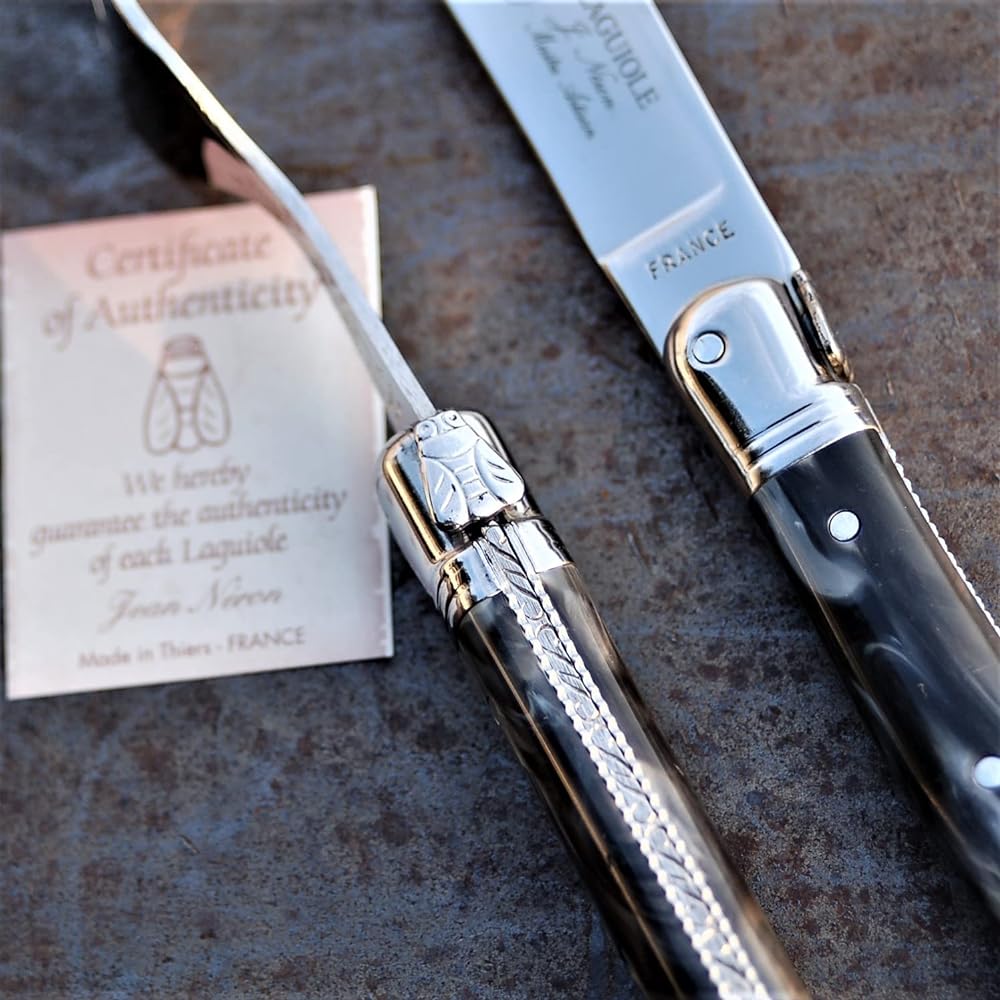 Raieur ABS handle 2.5mm dinner knife 2.0mm fork set in gift box Made in France NERON black marble style