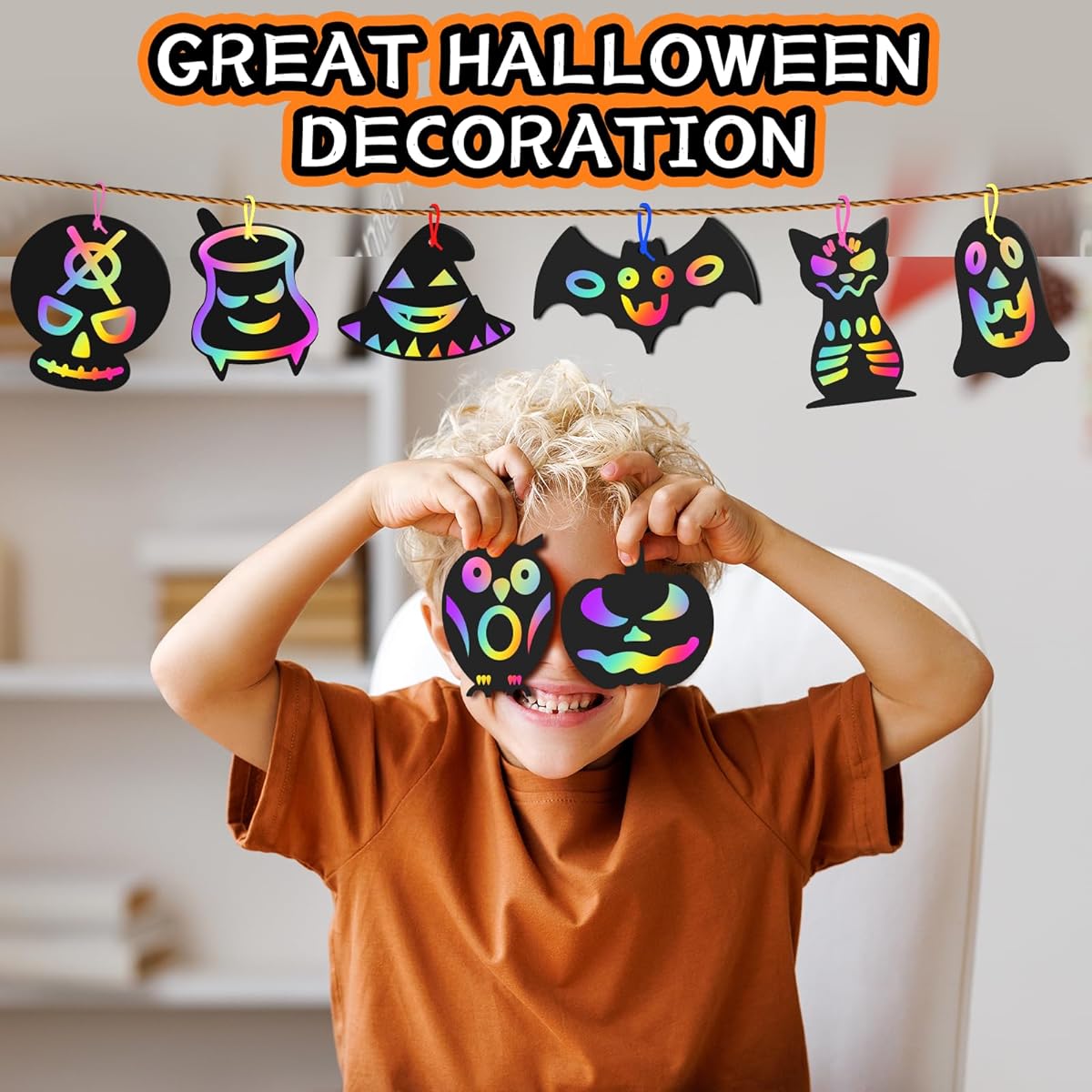 Halloween Scratch Paper Art for Kids - 48 Pieces DIY Rainbow Scratch Off Paper Cards Set for Kids Crafts Art Supplies Class Birthday Holiday Party Activity Gifts