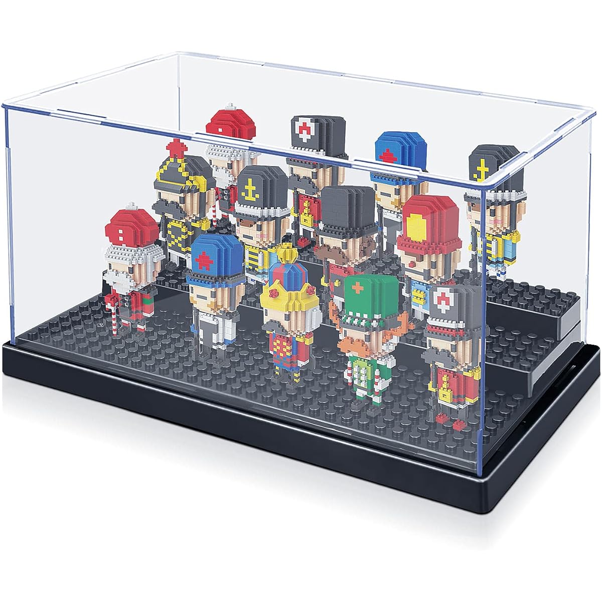 KKU Display Case for Mini Figure Action Figure Blocks, Acrylic Mini Figure Display Case Box Storage with 3 Movable Steps, Gift for Kids/Adults(Black, 1 Pack)