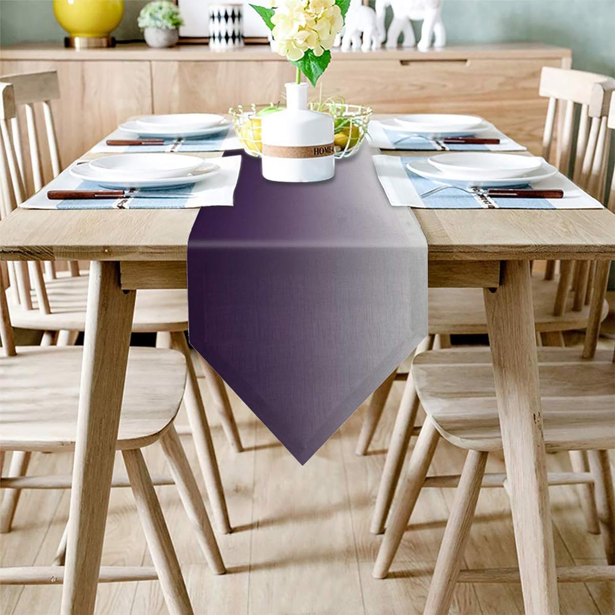 Edwiinsa Cotton Linen Triangle Table Runner 72" Length Ombre Dresser Scarf Table Decoration for Wedding Party/Graduation/Banquet (16x72") Gradient Gray and Purple