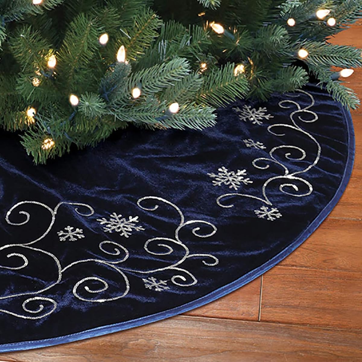 New Traditions 48in Velvet Tree Skirt with Sequined Vines and Taffeta Piping - Blue/Silver