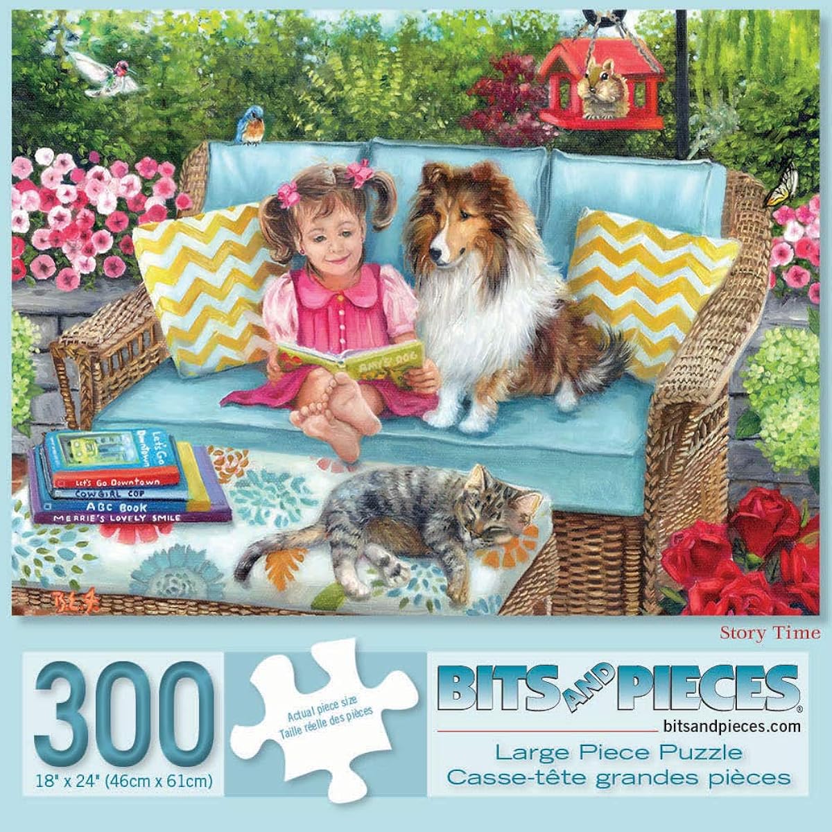 Bits and Pieces Jigsaw Puzzle 300 Pieces for Adults 18" x 24" - Story Time - 300 Piece Dogs and Cats Patio Wicker Furniture Girls Book Jigsaw Puzzle Artist Brooke Faulder