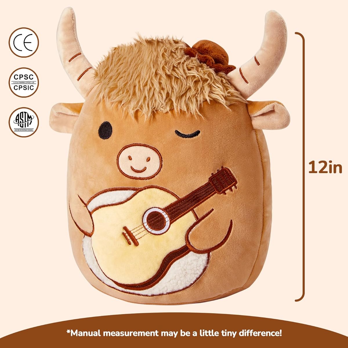 Glow Guards Highland Cow Soft Plush Pillow Collection Holds Guitar Stuffed Animal Cushion Stretchable Nap Pillow for Birthday Christmas Toddler Kids 10"