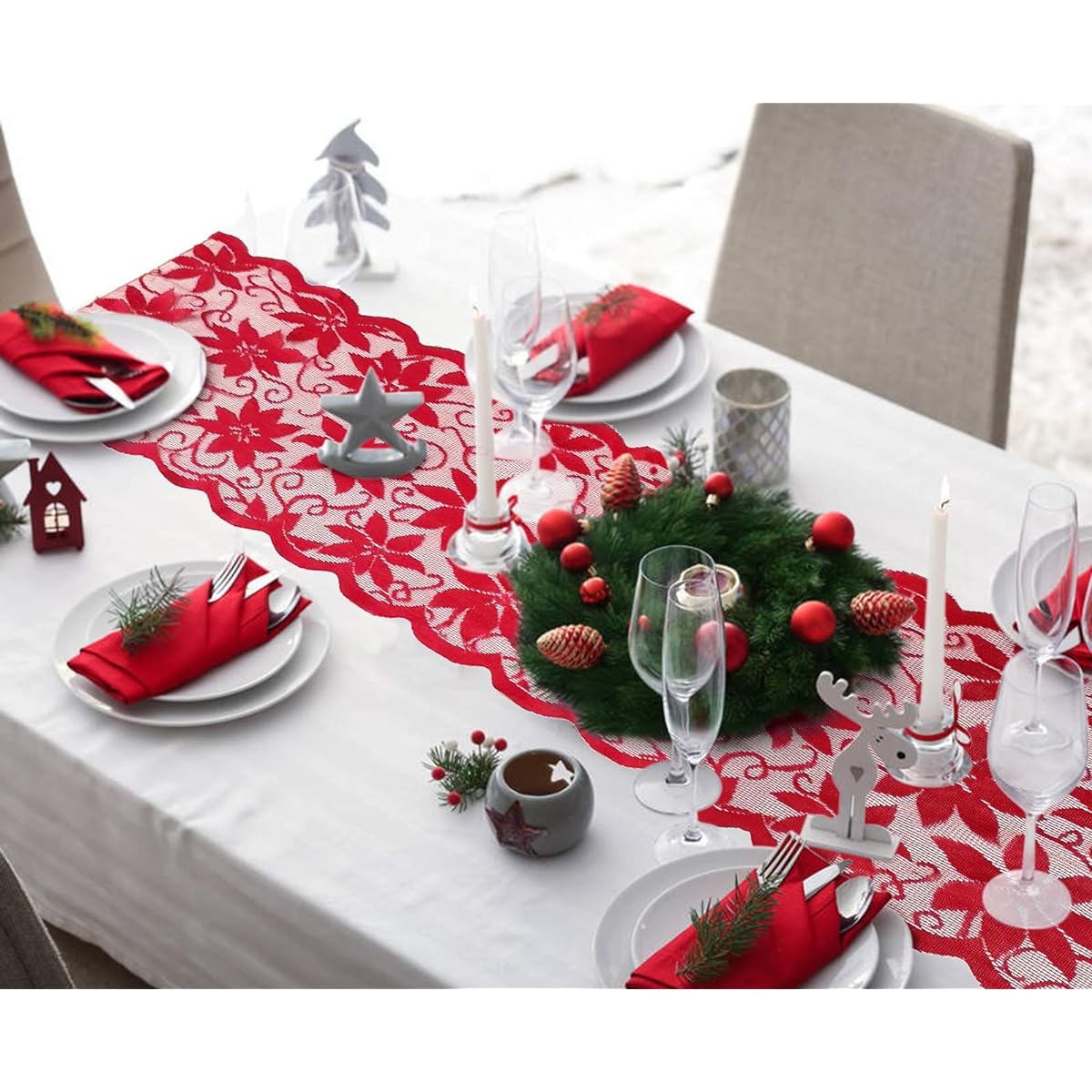 Besteek Christmas Table Runner Red Leaves Christmas Runner for Table Holiday Table Runner for Christmas Holiday Party Table Decoration 13 x 72 Inch