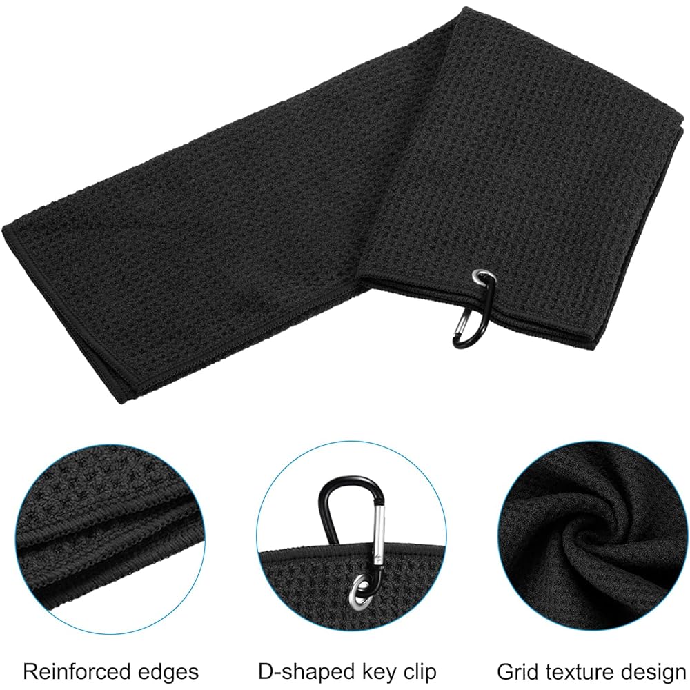PATIKIL 60 x 40 cm Tri-Fold Golf Towel 3 Pieces Waffle Pattern Towel Soft Fiber Strong Water Absorption with D Clip for Golf Enthusiasts Black